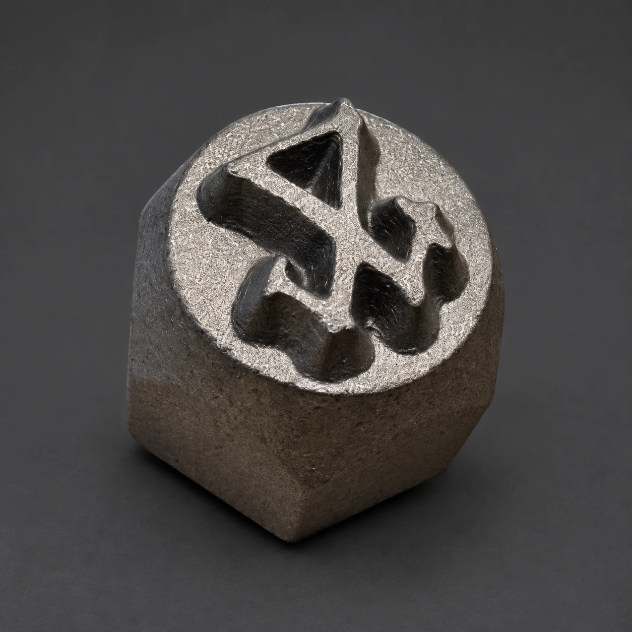 Hexagonal metal stamp with a raised custom design on a neutral charcoal background
