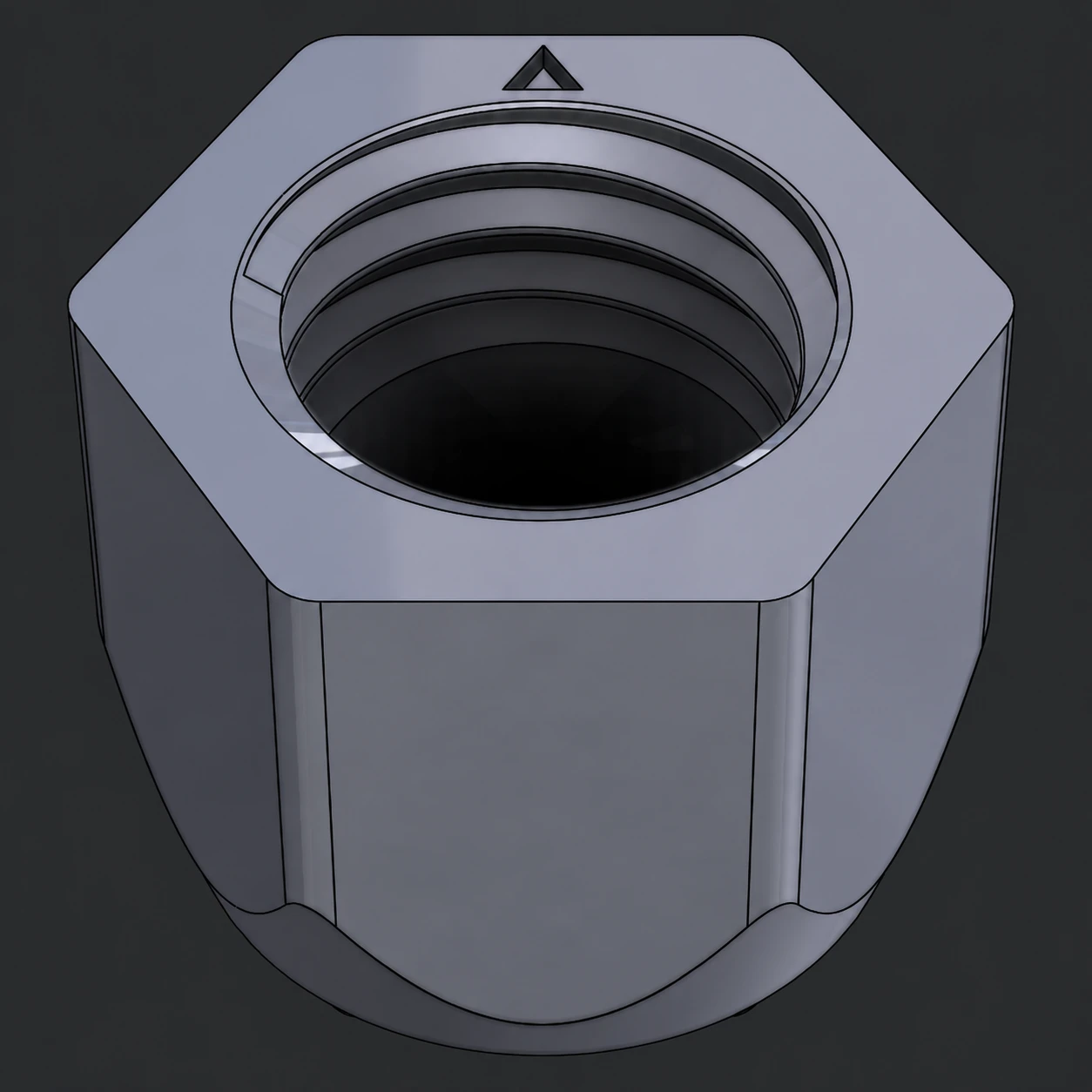 CAD rear view showing the internal M10 thread and triangular orientation mark